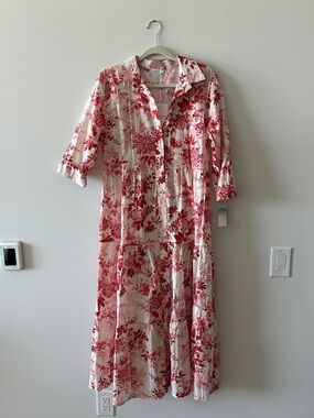 Cream Maxi Shirt Dress with Red Floral Print